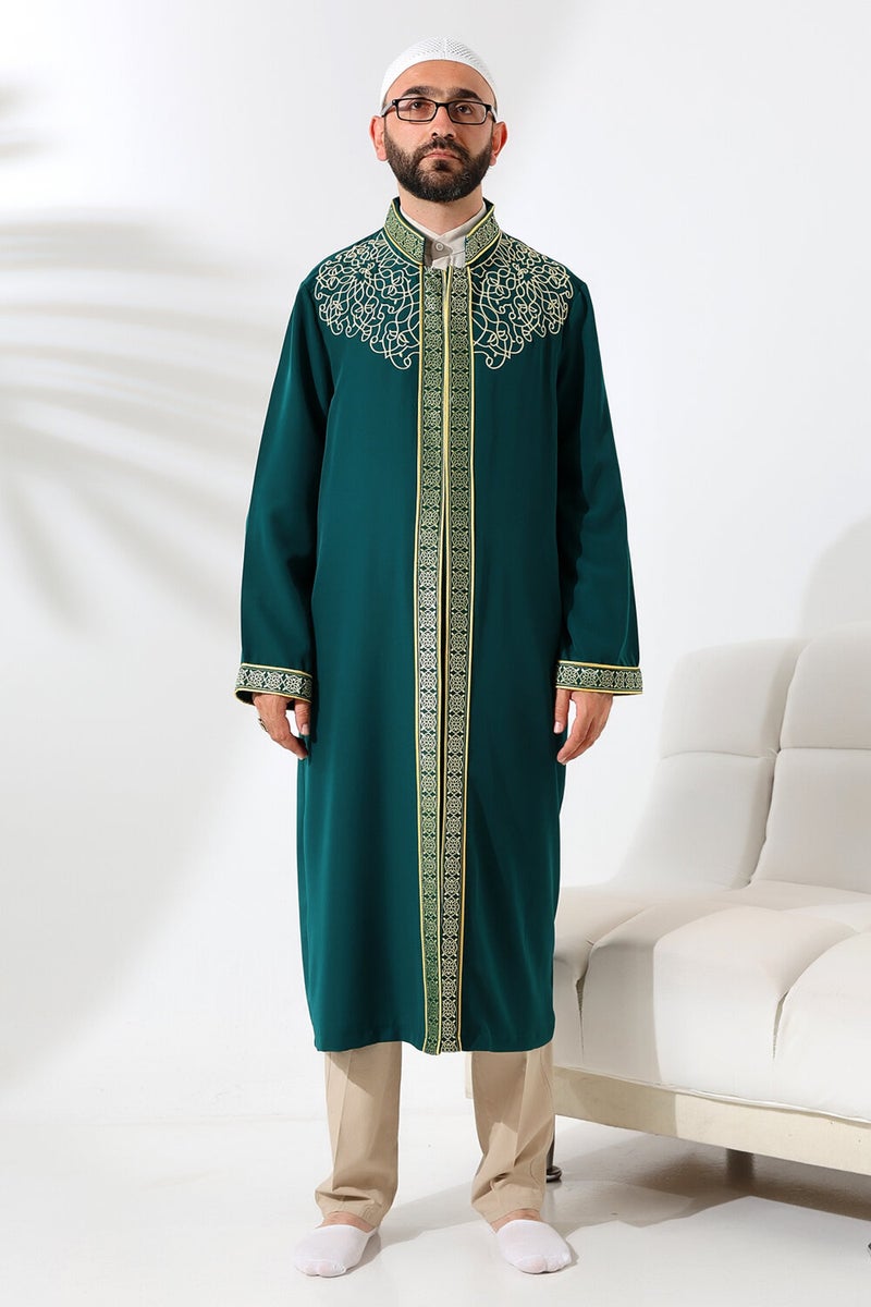 İhvan Online Ihvan Online Green Judge Collar Men's Prayer Dress Stripe Embroidery Imam Robe  - Image 1