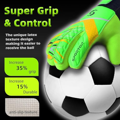 Sportout قفازات حارس مرمى للأطفال من سبورت آوت، قفازات كرة القدم مع حماية مزدوجة للمعصم ومواد لاتكس مقاومة للانزلاق لتجنب الإصابات (أخضر، مقاس 7 مناسب من 12 إلى 14 سنة) - Image 2