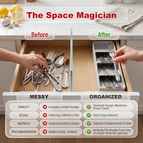 Li & Zhao Silverware Organizer for Drawer - Utensil Drawer Organizer Compact Utensil Organizer Silverware Tray Cutlery Organizer Spoon Drawer Kitchen for Kitchen, Office, Bathroom, Living room - Image 3