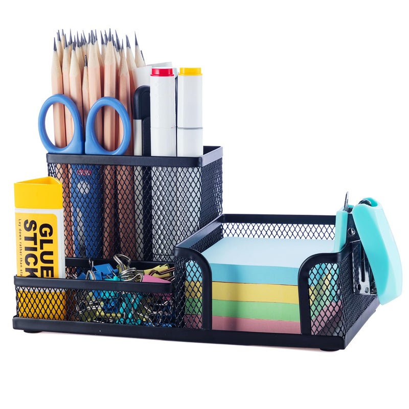 M&G Mesh Pen Holder Desk Organizers Pencil Holder for Desk Black, 3 Compartments Metal Office Supply Organizer with Sticky Notes Holder for School Home Office - Image 1