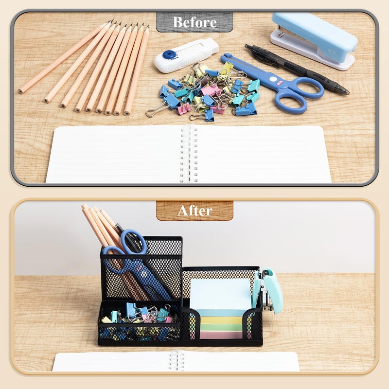 M&G Mesh Pen Holder Desk Organizers Pencil Holder for Desk Black, 3 Compartments Metal Office Supply Organizer with Sticky Notes Holder for School Home Office - Image 3