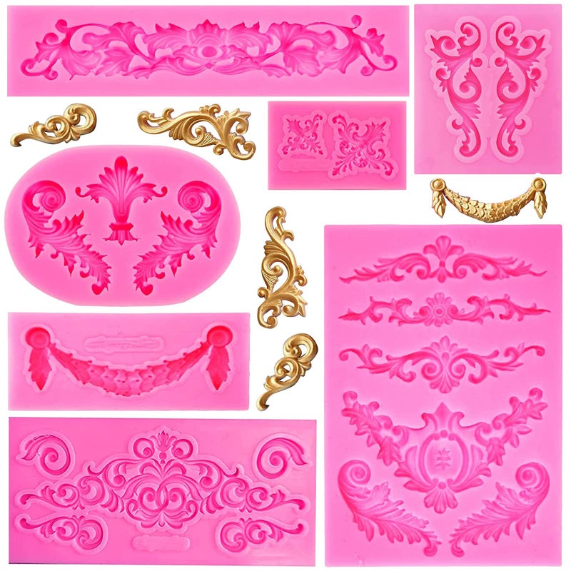 Baroque Style Silicone Molds Curlicues Scroll Lace Fondant Molds Vintage Relief Flower Mould Filigree 3D Clay Mold for Gummy Sugar Cookie Pastry Chocolate Mold for Clay Cupcake Topper Decor7Pcs