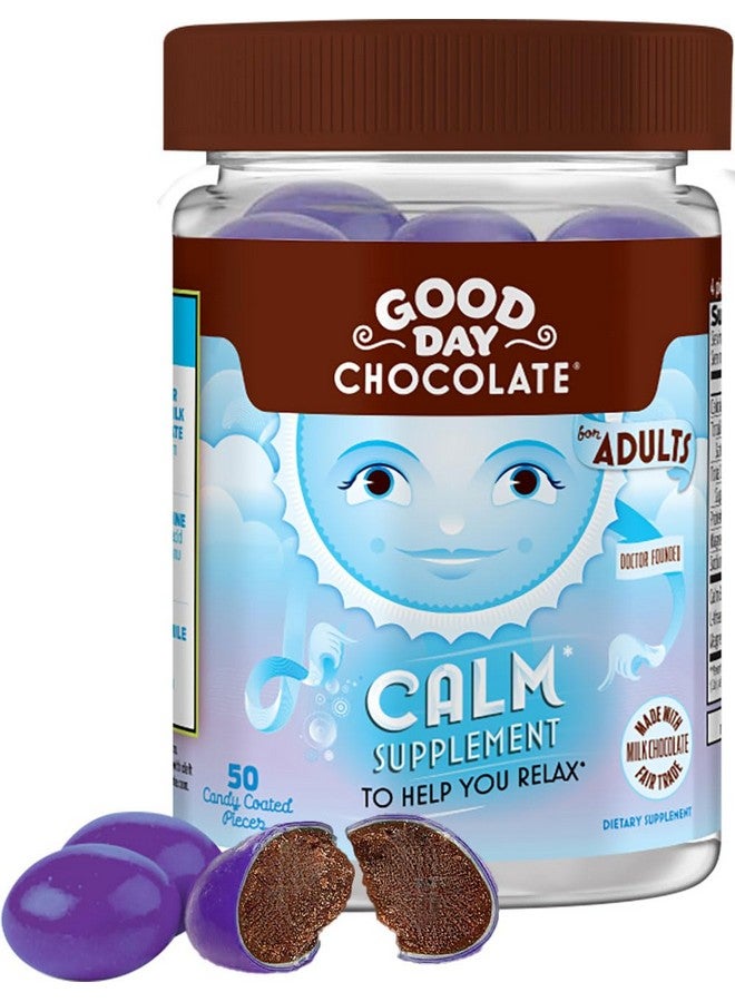GOOD DAY CHOCOLATE مكمل الشوكولاتة الطبيعي المهدئ للبالغين من جود داي، مزيج من البابونج، الثيانين، المغنيسيوم، شوكولاتة التجارة العادلة وغير المعدلة وراثيًا، 50 قطعة - Image 1