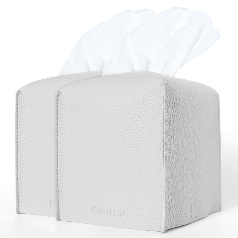2 Pcs Tissue Box Cover Holder Square with Bottom Belt  PU Leather Cube Cover Decorative Organizer for Tabletop Bathroom Car Office  Light Grey
