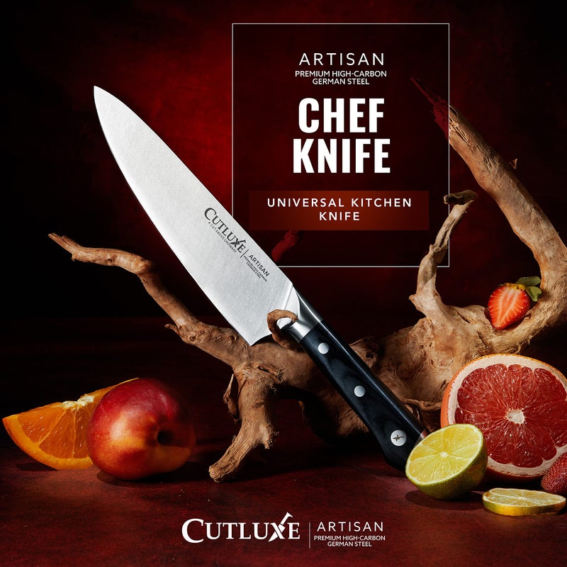 Cutluxe Chef Knife â€“ 8" Kitchen Knife, German High Carbon Steel, Full Tang, Ergonomic Handle Design, Sheath Included â€“ Artisan Series - Image 4