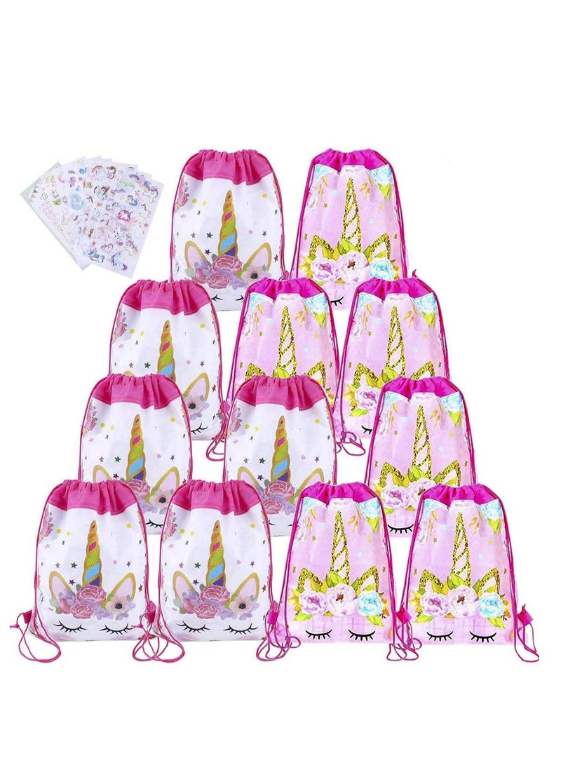 12 Pack Unicorn Drawstring Party Bags with 6 Unicorn Stickers, Unicorn Drawstring Backpacks Party Favor Bags Supplies for Kids Birthday Party Baby Shower  - Image 1