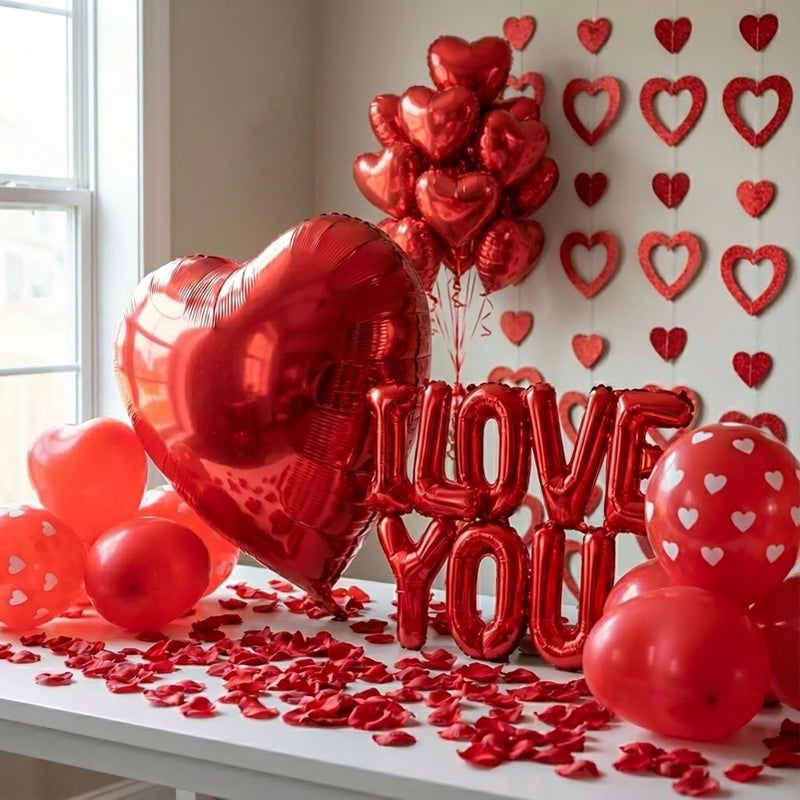 froufing I Love You Balloons red romantic kit with heart Little Bear mylar balloons red rose petals Hanging Hearts for hotel Dec orations decorations Valentines Party wedding anniversary supplies. (Red Rose) - Image 4