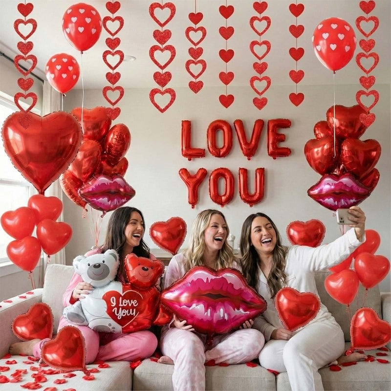 froufing I Love You Balloons red romantic kit with heart Little Bear mylar balloons red rose petals Hanging Hearts for hotel Dec orations decorations Valentines Party wedding anniversary supplies. (Red Rose) - Image 5
