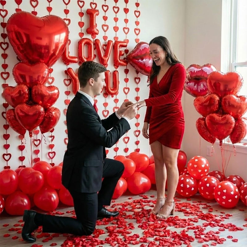froufing I Love You Balloons red romantic kit with heart Little Bear mylar balloons red rose petals Hanging Hearts for hotel Dec orations decorations Valentines Party wedding anniversary supplies. (Red Rose) - Image 3