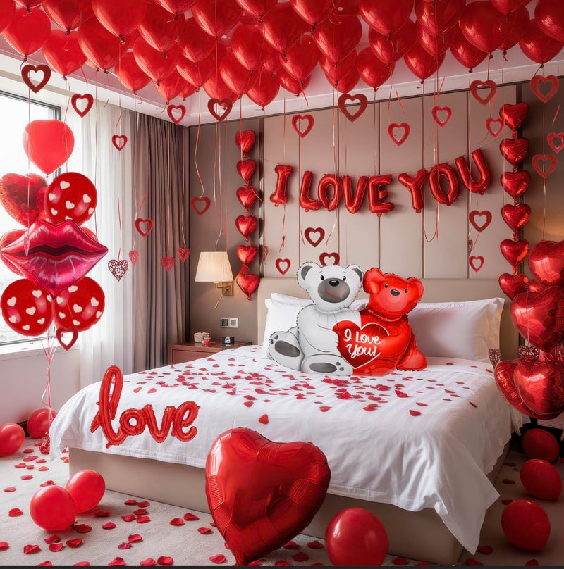froufing I Love You Balloons red romantic kit with heart Little Bear mylar balloons red rose petals Hanging Hearts for hotel Dec orations decorations Valentines Party wedding anniversary supplies. (Red Rose) - Image 1