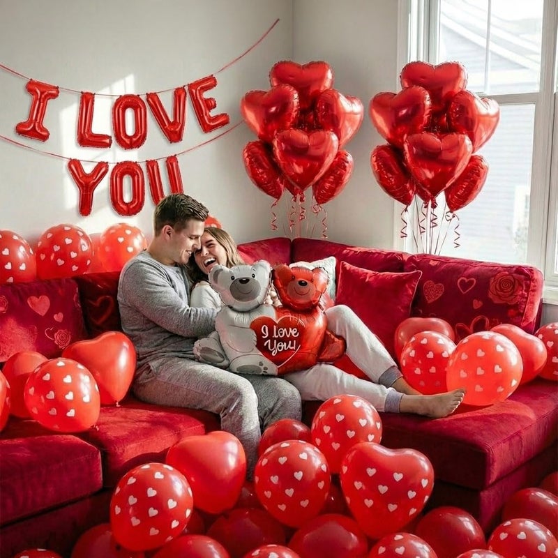 froufing I Love You Balloons red romantic kit with heart Little Bear mylar balloons red rose petals Hanging Hearts for hotel Dec orations decorations Valentines Party wedding anniversary supplies. (Red Rose) - Image 2
