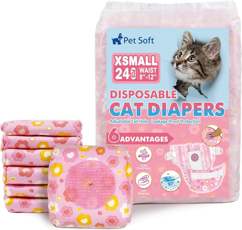 Pet Soft Disposable Cat Diapers - Diaper for Female & Male Cats, Puppy Doggie Diapers for Female Dogs with Adjustable Foam Tail Hole, X-Small (24Pcs, PK Flowers) - Image 1
