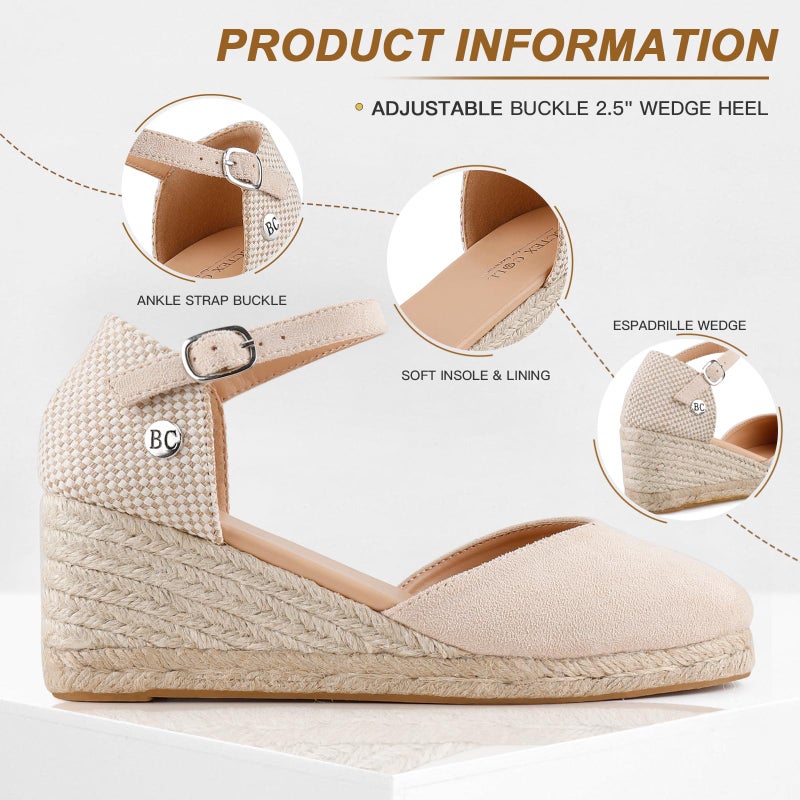 BCTEX COLL Women's Nude Espadrilles Wedge Sandals Ankle Strap Platform Closed Toe Dressy Shoes, Size 8 - Image 3
