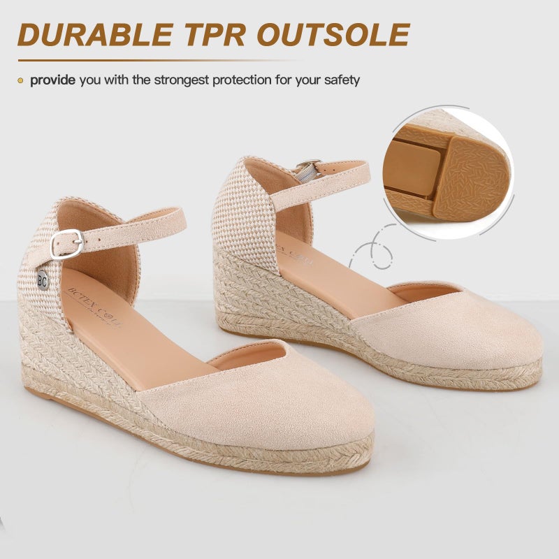 BCTEX COLL Women's Nude Espadrilles Wedge Sandals Ankle Strap Platform Closed Toe Dressy Shoes, Size 8 - Image 4