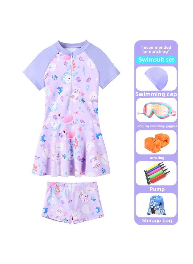 Generic Children's Swimwear Girls' Western-style Dress Split Boxers Swimwear Girls' Training Special Swimsuit-Color:Purple 169{six-piece Set}- - Image 1