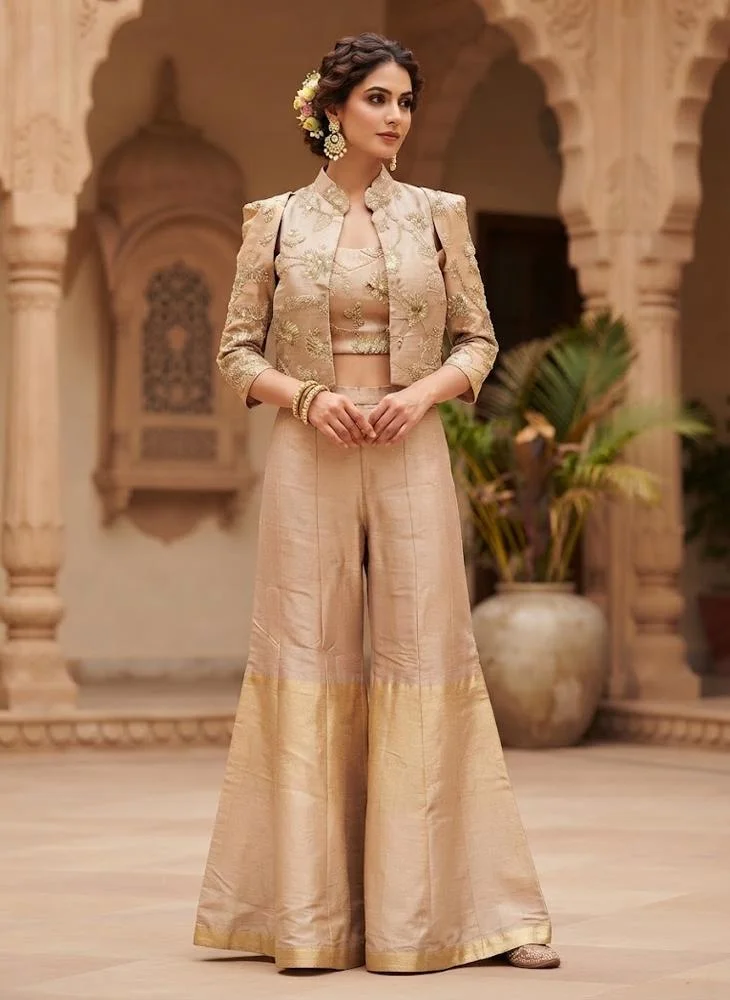 Viny VINY Gold 3-Piece Embroidered Jacket-Style Suit Set – Women's Indian Ethnic Wear