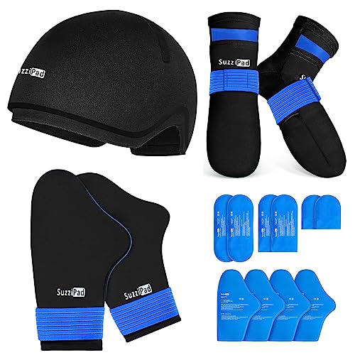 SuzziPad Ice Pack Stress Relief Cap & Cooling Socks & Cold Gloves for Chemotherapy, Comfort Items for Chemo Patients, Smoothe discomfort for feet, Head and Hand, S/M - Image 1