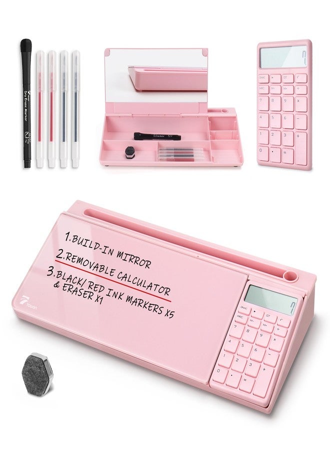 TOWON Desk Dry Erase Board with Detachable Calculator, Small Glass Desktop Whiteboard, Desktop whiteboard - Glass Dry Erase White Board- Desk Computer Buddy for Home Office Supply, Pink, 17 x 6 in - Image 1