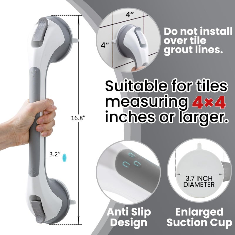TAILI Shower Grab Bar Glow in The Dark, 2 Pack 16.8 in Grab Bars for Bathtubs and Showers,Shower Handles Shower Rails for Seniors and Elderly,Bathroom Safety Grip Removable No Drilling Waterproof Grey - Image 2