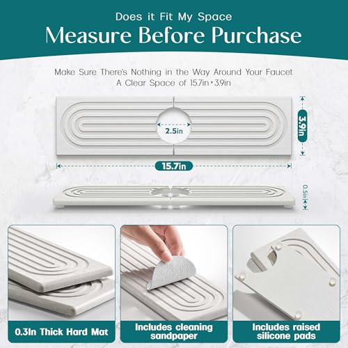 Eormoe Kitchen Sink Faucet Mat - 15.7in Diatomite Sink Protectors for Kitchen Sink, Stone Sink Splash Guard for Kitchen Counter Sink Accessories (Light Grey, 15.7'' x 3.9'') - Image 5