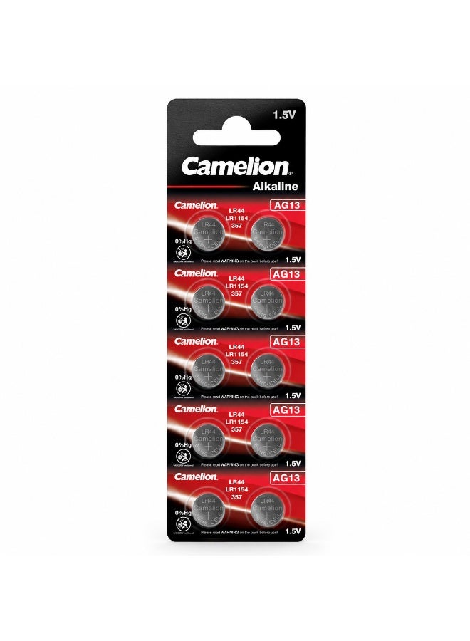 Camelion AG13 LR44 Button Cell Batteries 10 Pack, 1.5V Alkaline Coin Battery for Watches, Thermometers, Toys, Laser Pointers & Electronics - Image 1