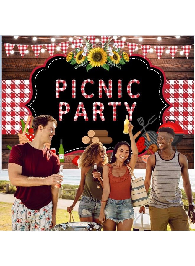 ASTARON Withu Picnic Party Backdrop Wooden Red White Checkered Mat String Lights BBQ Photography Background Sunflower Outdoor Barbecue Decorations Banner Photo Booth Props 7x5ft - Image 3