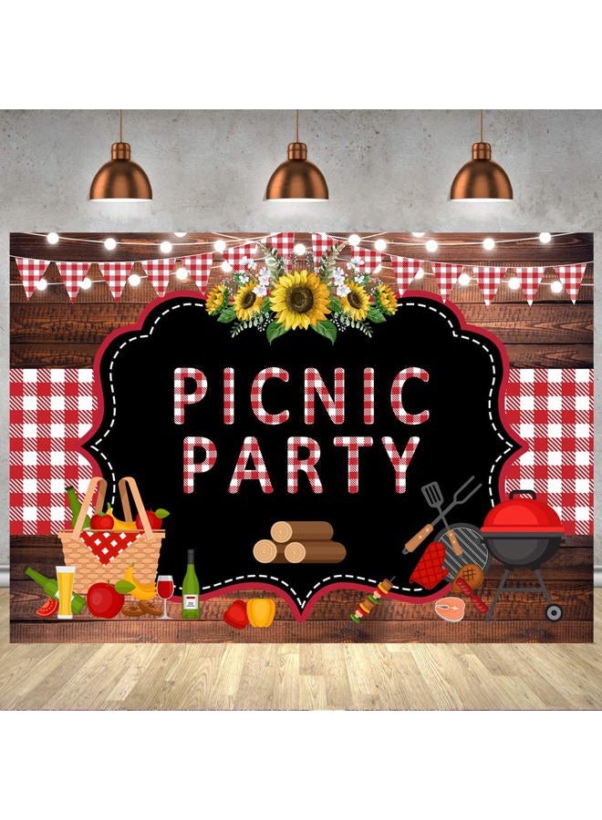 ASTARON Withu Picnic Party Backdrop Wooden Red White Checkered Mat String Lights BBQ Photography Background Sunflower Outdoor Barbecue Decorations Banner Photo Booth Props 7x5ft - Image 1