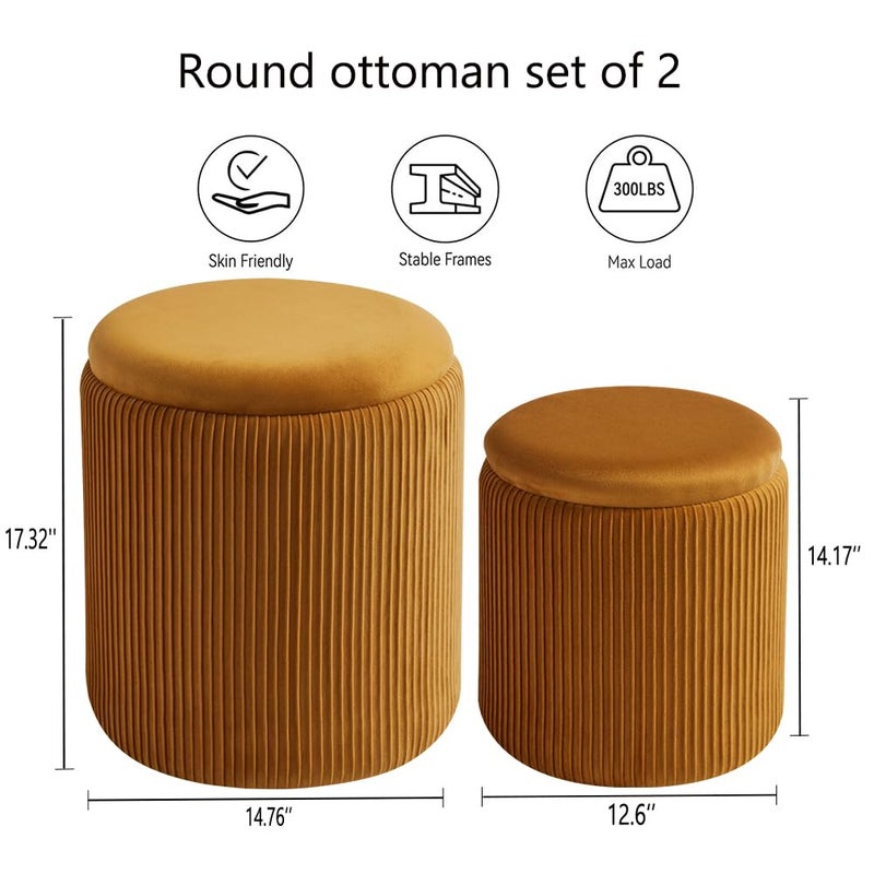 BLEXA Round Ottoman with Storage Set of 2-Upholstered Velvet Vanity Stool for Makeup Multifunctional Ottomans Coffee Table Padded Seat Foot Rest (Yellow-Upgrade Taray Lid) - Image 2