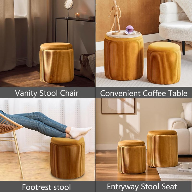 BLEXA Round Ottoman with Storage Set of 2-Upholstered Velvet Vanity Stool for Makeup Multifunctional Ottomans Coffee Table Padded Seat Foot Rest (Yellow-Upgrade Taray Lid) - Image 4
