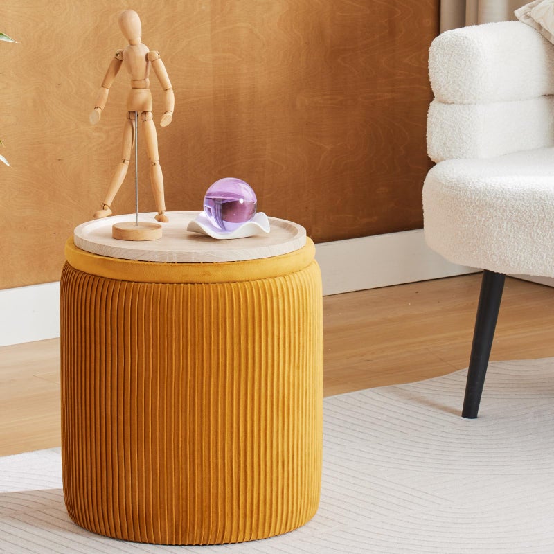 BLEXA Round Ottoman with Storage Set of 2-Upholstered Velvet Vanity Stool for Makeup Multifunctional Ottomans Coffee Table Padded Seat Foot Rest (Yellow-Upgrade Taray Lid) - Image 3