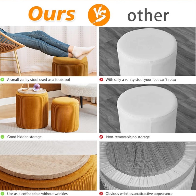 BLEXA Round Ottoman with Storage Set of 2-Upholstered Velvet Vanity Stool for Makeup Multifunctional Ottomans Coffee Table Padded Seat Foot Rest (Yellow-Upgrade Taray Lid) - Image 5