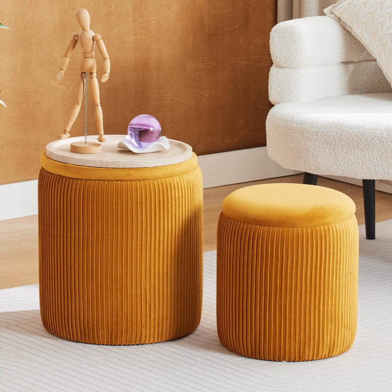 BLEXA Round Ottoman with Storage Set of 2-Upholstered Velvet Vanity Stool for Makeup Multifunctional Ottomans Coffee Table Padded Seat Foot Rest (Yellow-Upgrade Taray Lid) - Image 1