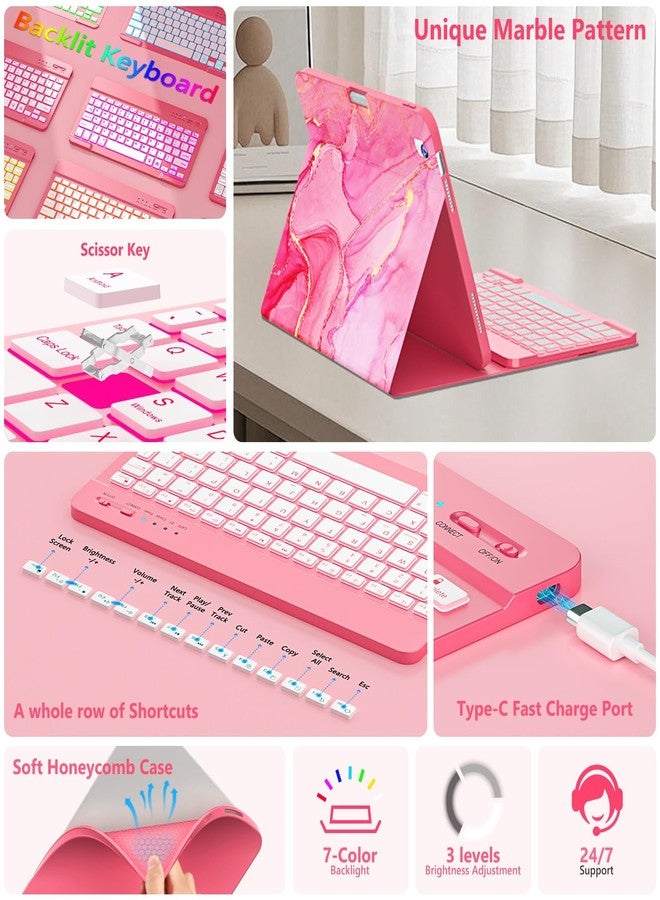 FUWANG for iPad A16 11th 10th Generation Case with Keyboard, Detachable 7 Colors Backlit Wireless Marble Keyboard Case with Pencil Holder for iPad A16 11th 11-inch 2025 &10th Gen 10.9 Inch 2022, Pink - Image 5