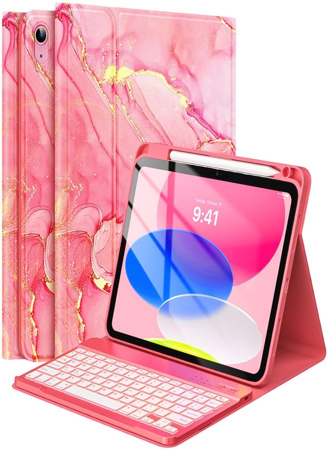 FUWANG for iPad A16 11th 10th Generation Case with Keyboard, Detachable 7 Colors Backlit Wireless Marble Keyboard Case with Pencil Holder for iPad A16 11th 11-inch 2025 &10th Gen 10.9 Inch 2022, Pink - Image 1