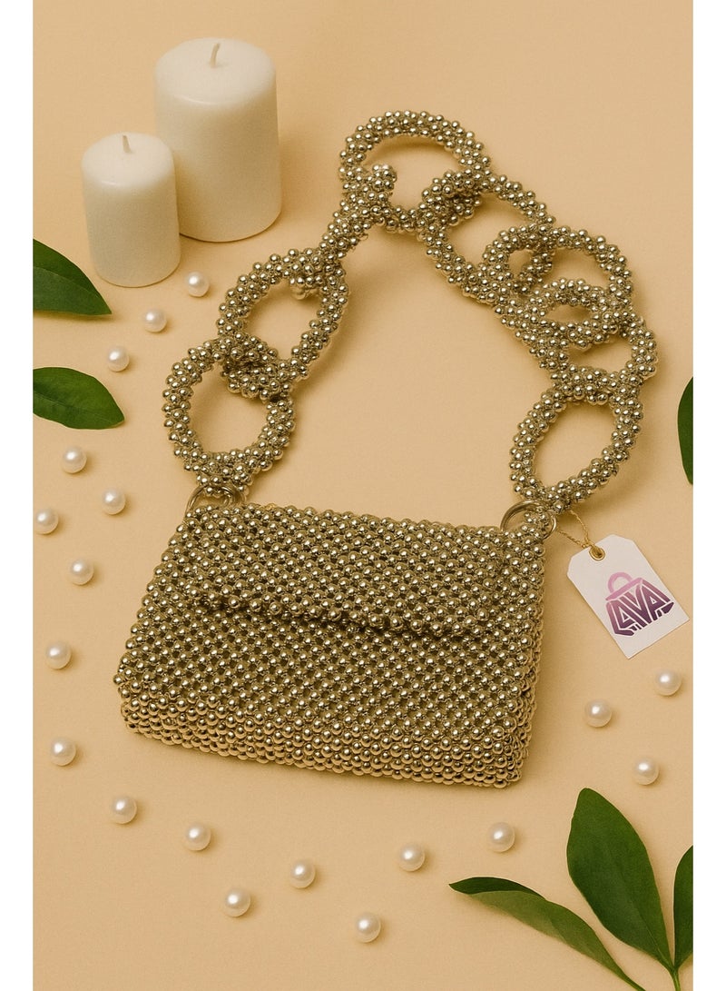 Lava Handmade Silver Beaded Handbag, Flap Closure - Image 1