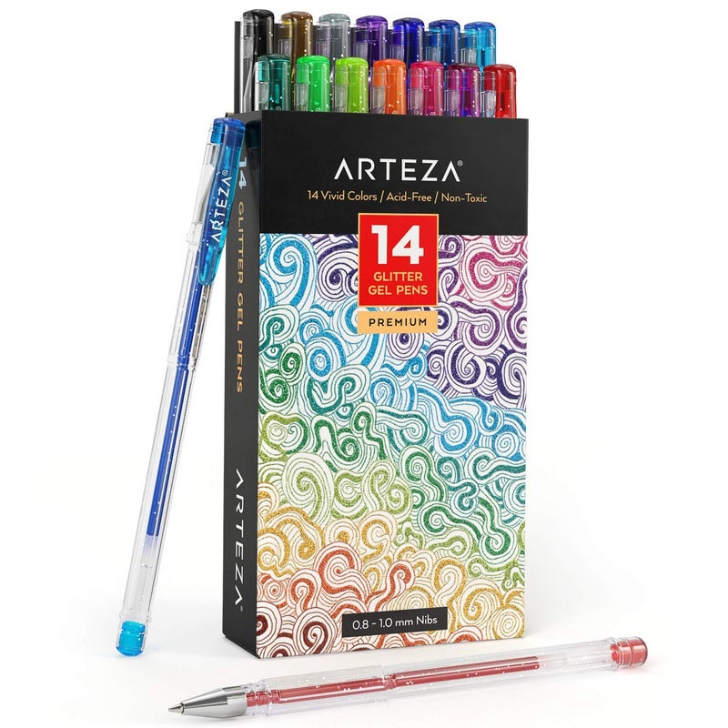 مجموعة أقلام جل لامعة من ARTEZA مكونة من 14 قلم حبر ملون مع مقبض مثلث 0.8 مم للبالغين لتلوين الرسم والكتابة الزخرفية