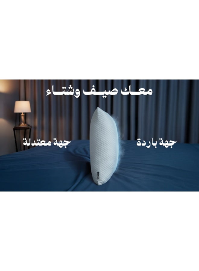 رهف طقم 3 مخدة للنوم من رهيف مناسبة للشتاء و الصيف وسادة نوم مريحة بتقنية التبريد في جهة و معتدلة فالجهة الاخرى بخامات ناعمة الملمس، و حشوة مزدوجة من الميموري فوم المجزأ، توفر راحة مستمرة بحجم 43×60 سم، عالية المرونة وقابلة للتعديل. - Image 2