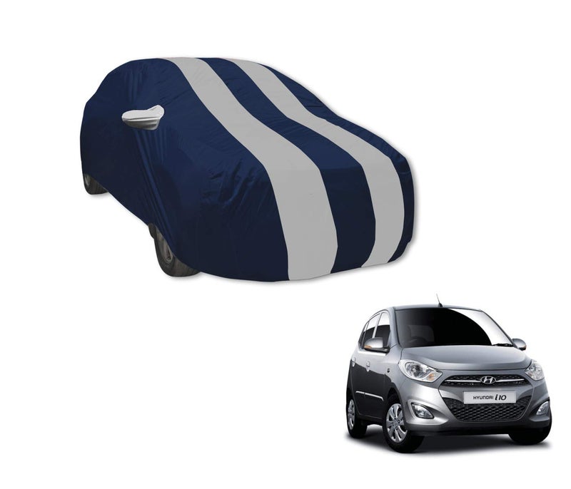 Auto Hub Car Cover Compatible with Hyundai I10 (Model : 2007-2013) with Mirror Pocket, Water Resistant, Triple Stitched, I10 Car Cover- Navy-Silver - Image 1