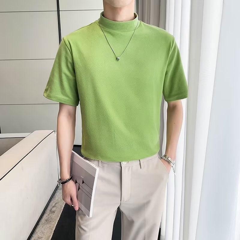Summer Short-sleeved T-shirt Men's ins Super Popular Loose Casual Half-high Collar Half-sleeve Base Shirt Fashionable Handsome All-match Top - Image 1