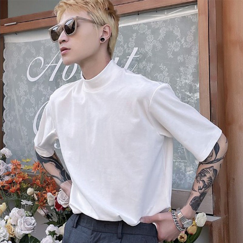 Summer Short-sleeved T-shirt Men's ins Super Popular Loose Casual Half-high Collar Half-sleeve Base Shirt Fashionable Handsome All-match Top - Image 2