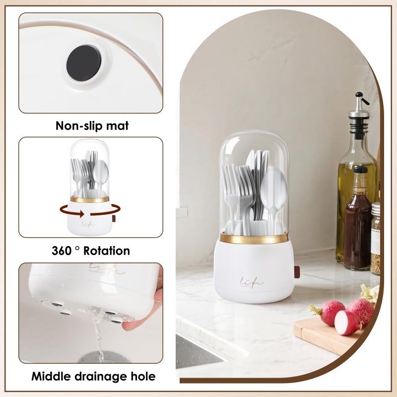 EXIN DECHEN 360Â° Rotation Silverware Organizer for Kitchen Counter,Utensil Holder Caddy Silverware Caddy Holder for Party,Spoon and Fork Organizer,7 Slots and Intermediate Drainage Device with Cover - Image 5
