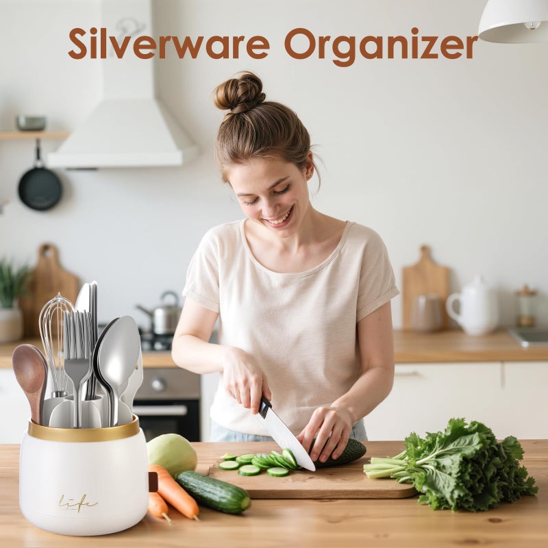 EXIN DECHEN 360Â° Rotation Silverware Organizer for Kitchen Counter,Utensil Holder Caddy Silverware Caddy Holder for Party,Spoon and Fork Organizer,7 Slots and Intermediate Drainage Device with Cover - Image 2
