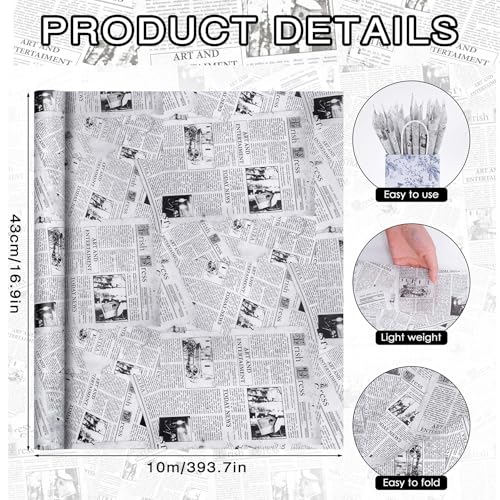 Larcenciel Vintage Newspaper Tissue Paper Roll | 17"x33', Black White Old News Print Wrapping Tissue Paper for Gift Bags, Gift Wrap, Flower Packaging, Craft Projects, Wedding, Birthday, Holiday Decor - Image 4