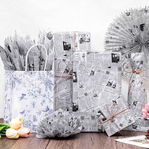 Larcenciel Vintage Newspaper Tissue Paper Roll | 17"x33', Black White Old News Print Wrapping Tissue Paper for Gift Bags, Gift Wrap, Flower Packaging, Craft Projects, Wedding, Birthday, Holiday Decor - Image 2