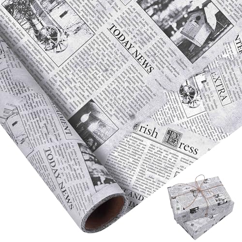 Larcenciel Vintage Newspaper Tissue Paper Roll | 17"x33', Black White Old News Print Wrapping Tissue Paper for Gift Bags, Gift Wrap, Flower Packaging, Craft Projects, Wedding, Birthday, Holiday Decor - Image 1