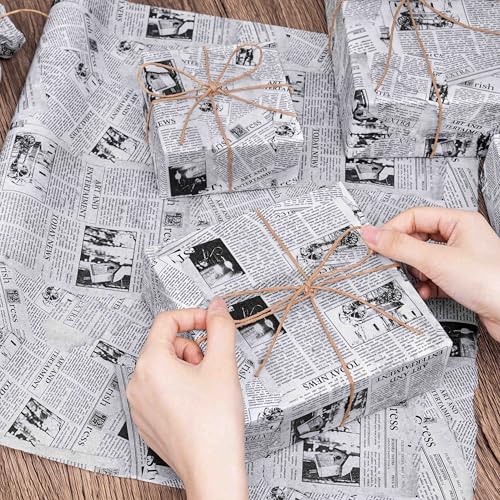 Larcenciel Vintage Newspaper Tissue Paper Roll | 17"x33', Black White Old News Print Wrapping Tissue Paper for Gift Bags, Gift Wrap, Flower Packaging, Craft Projects, Wedding, Birthday, Holiday Decor - Image 3