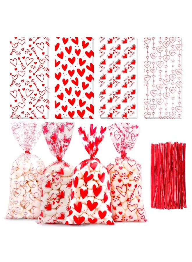 Nelisylux Valentines Cellophane Bags, Valentines Gift Bag, Valentine Treat Bags, Plastic Clear Red Valentine's Candy Cookie Goodie Snack Bag with Twist Ties for Valentines Day Wedding Party Favor Supplies,50 - Image 1