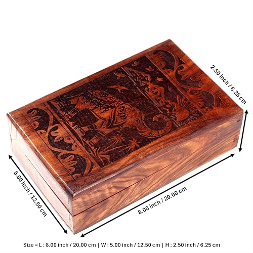 RGrandsons Handmade Wooden Keepsake Storage Box Jewelry Trinket Holder Organizer Floral Hand Carvings with Brass Inlay 8 inch (8.0x5.0 inch_RG0109) - Image 4