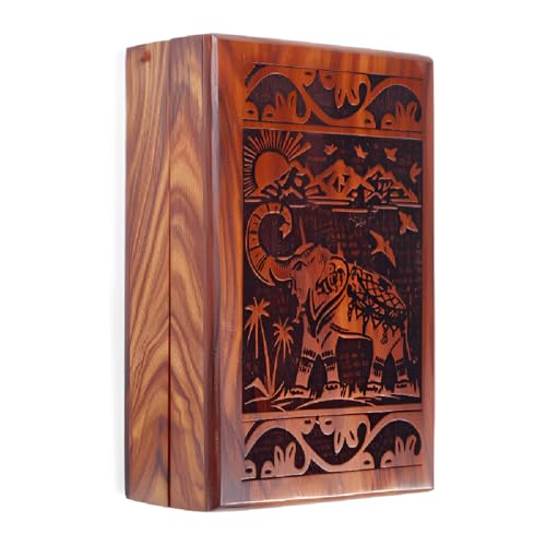 RGrandsons Handmade Wooden Keepsake Storage Box Jewelry Trinket Holder Organizer Floral Hand Carvings with Brass Inlay 8 inch (8.0x5.0 inch_RG0109) - Image 1