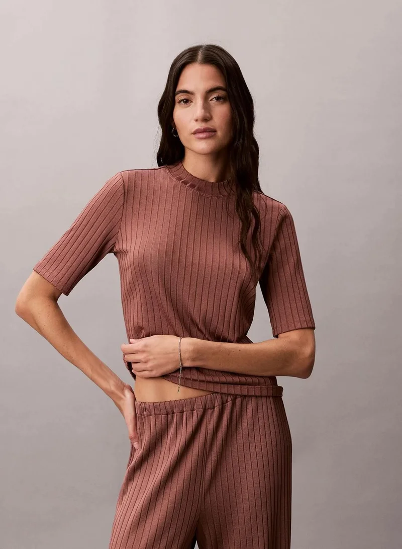 Shiny Ribbed Mock Neck Top